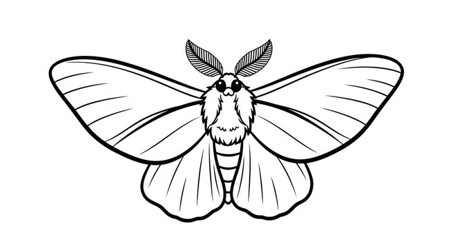 A simple black and white line drawing of a moth with large wings and antennae.