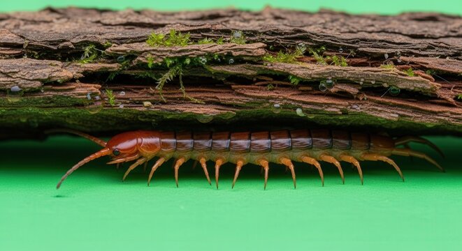 Close-up of Millipede Crawling Along Wooden Log with Green Background