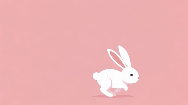 White bunny hopping on solid pink background. Animated rabbit character moving across frame. Minimalist animal illustration for children theme and easter design.