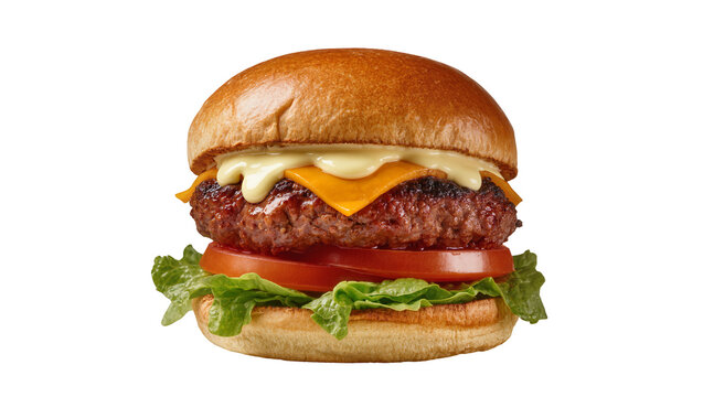 Isolated classic beef cheeseburger with melted cheddar and fresh vegetables on a toasted bun