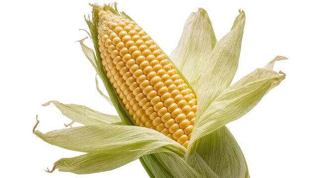Isolated fresh sweet corn ear with green husks peeled back, ripe kernels ready for harvest