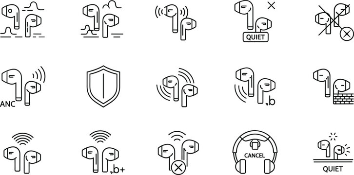 Wireless earbuds noise cancellation features line icon set with ANC quiet mode audio vector illustration