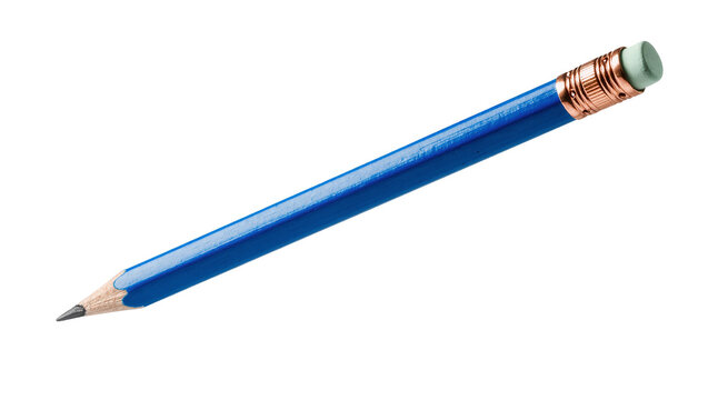 Isolated blue wooden pencil, sharpened graphite tip, with an eraser and copper ferrule