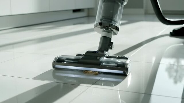Video of cordless vacuum cleaner sweeping across tiled kitchen floor, efficient cleaning routine and smart home appliance concept.