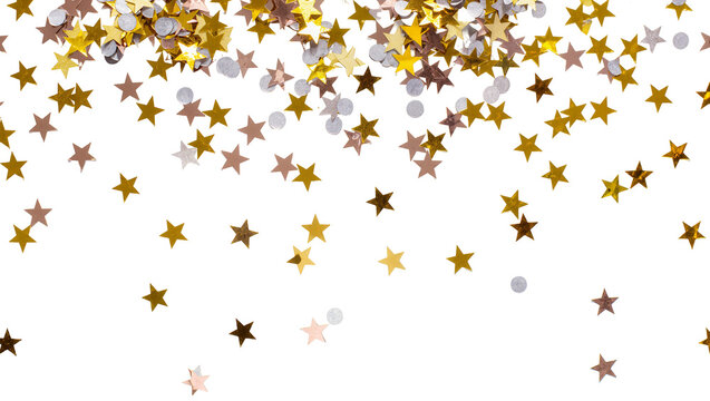 Isolated glittering metallic gold, silver, and bronze star confetti scattering for a festive event.