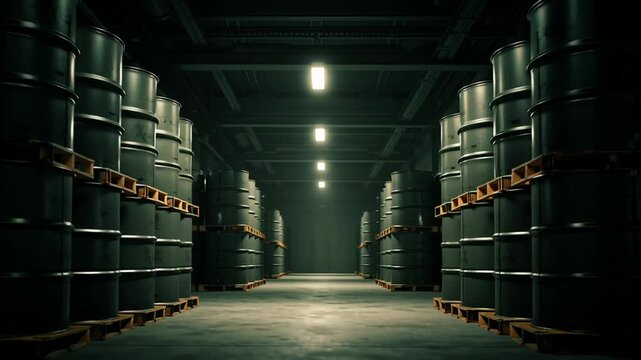 oil barrels crude storage management, industrial storage layout with strong lighting and depth, cinematic commercial style, Dark warehouse holds rows of stacked barrels. Flickering lights cast eerie