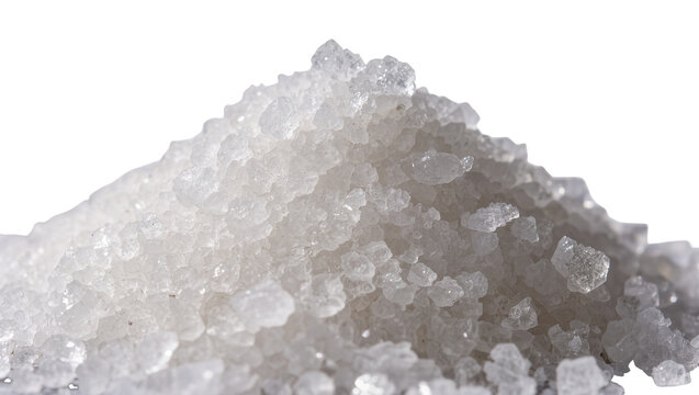 Isolated mound of white sparkling crystals, resembling rock salt, coarse sugar, or bath salts.