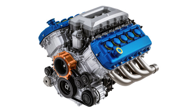 Isolated modern high-performance V8 engine block with blue valve covers and exhaust headers
