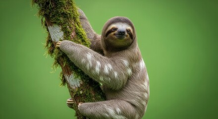 Fototapeta premium Cute Sloth Clinging to Tree Branch in Lush Green Forest Environment