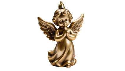 Fototapeta premium Isolated antique golden angel figurine with wings and praying hands, spiritual ornament