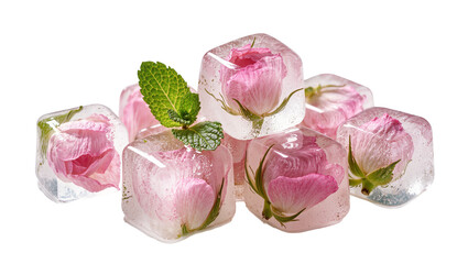 Isolated delicate pink flowers and fresh mint leaf frozen in crystal clear ice cubes © Eva