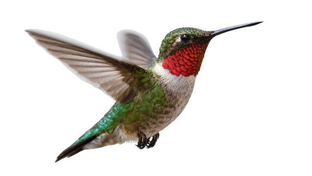 Isolated male ruby throated hummingbird with iridescent plumage in graceful flight