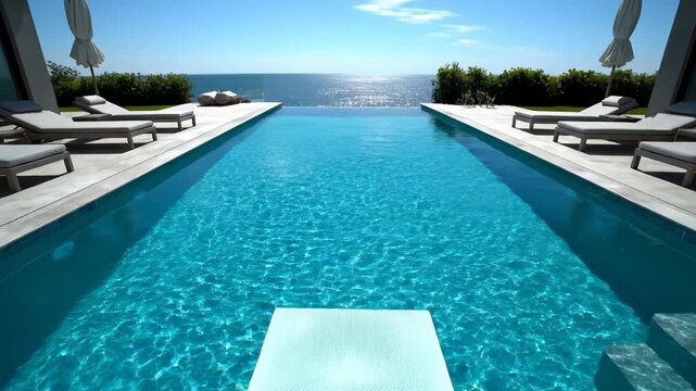 Video of Diving Board Perspective &ndash; Forward tilt motion, clear sky capturing summer leisure atmosphere, swimming pool architecture and minimal outdoor lifestyle branding for commercial media use.