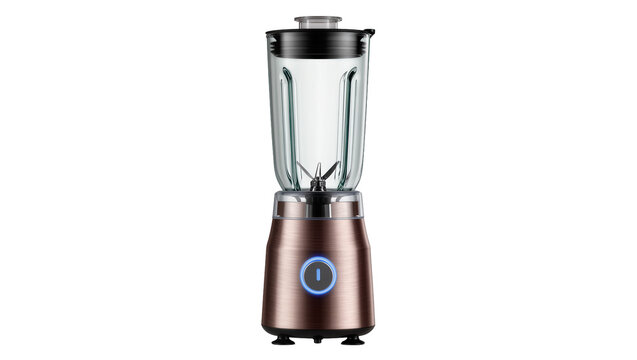 Isolated modern kitchen blender with a clear glass jar and illuminated power button