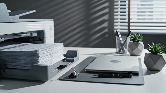 Video of office printer producing financial reports in organized workspace, corporate administration and document management concept, business paperwork automation theme, stack of freshly printed