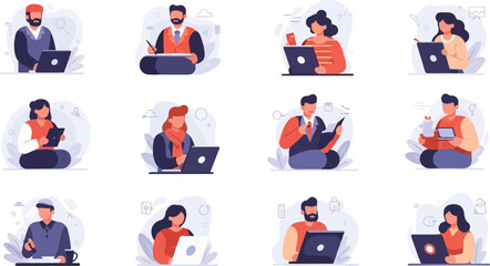 Fototapeta premium Diverse people working with laptops and tablets, diverse tech use
