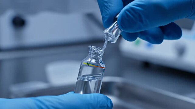 Video of sterile pharmaceutical ampoule opening in controlled medical environment, laboratory procedure concept, injectable medication preparation, healthcare technology branding, clear liquid vial