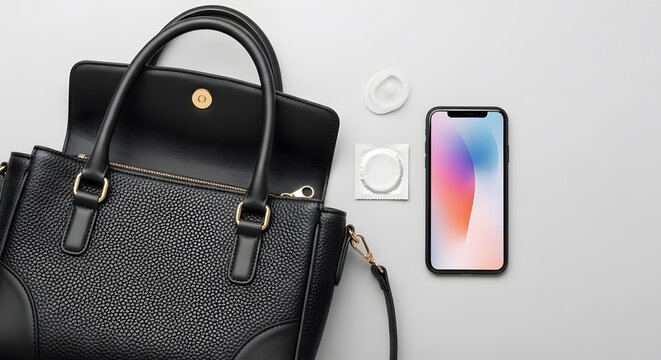 Ensure your belongings are safe with smart tracking tags, perfectly paired with a leather bag and smartphone for ultimate peace of mind.