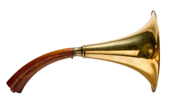 Isolated classic brass hunting horn with elegant curved wooden handle, vintage musical instrument