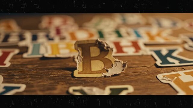 Vintage ransom-style typography collage with alphabet stickers scattered loosely on a worn wooden tabletop, letters overlapping organically with curled corners and slightly yellowed paper tones,