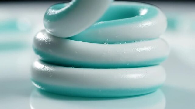 Video of mint toothpaste ribbon forming elegant spiral in macro close-up, fresh oral hygiene background for cosmetic packaging, pharmacy marketing, and wellness media.