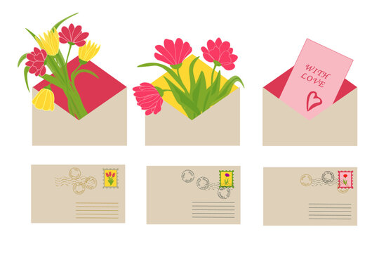Delicate floral arrangements burst from the envelopes. Pink hearts and yellow flowers add a touch of romance. The envelopes feature postmarks, stamps, and handwritten addresses. Perfect for love, birt