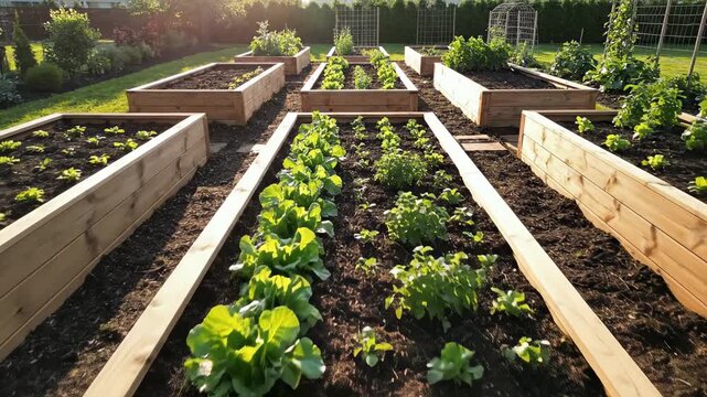 This video features a raised bed overview with wooden frames alignment in a tidy garden, sustainable gardening concept, home agriculture theme, and organic lifestyle branding visual.