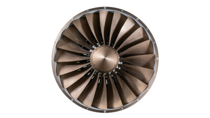Isolated view of modern aircraft jet engine fan showing powerful metallic turbine blades © Maria
