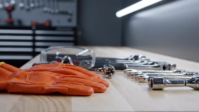 Safety preparation scene in a contemporary workshop environment with bright orange protective gloves resting on a clean wooden table next to carefully aligned hand tools, soft overhead LED lighting