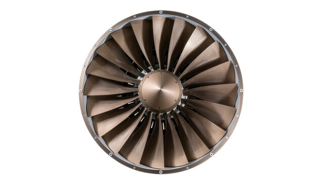 Isolated view of modern aircraft jet engine fan showing powerful metallic turbine blades