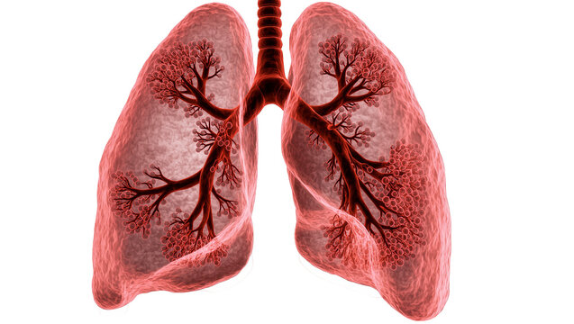 Isolated anatomical illustration of human lungs, showing respiratory system, bronchi, and alveoli