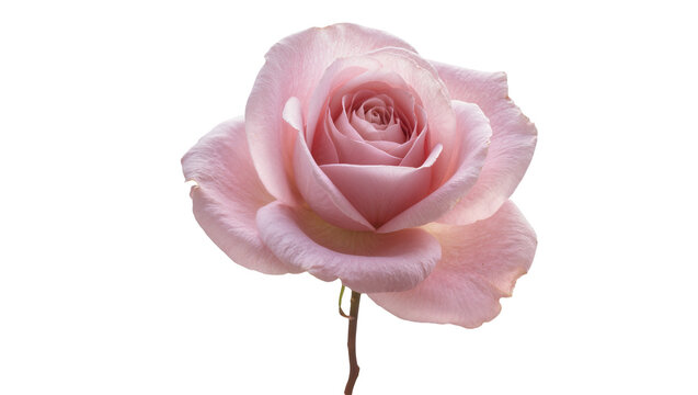 Isolated delicate light pink rose bloom with stem, a symbol of love and natural beauty.