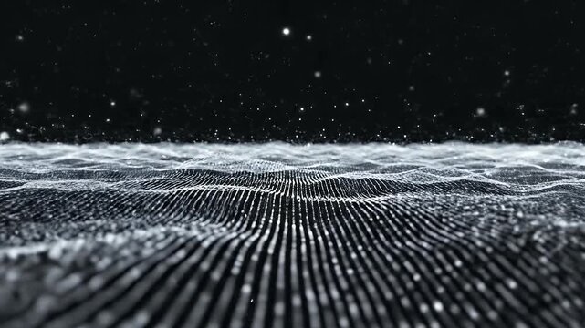A dark, abstract digital landscape with shimmering waves and floating particles