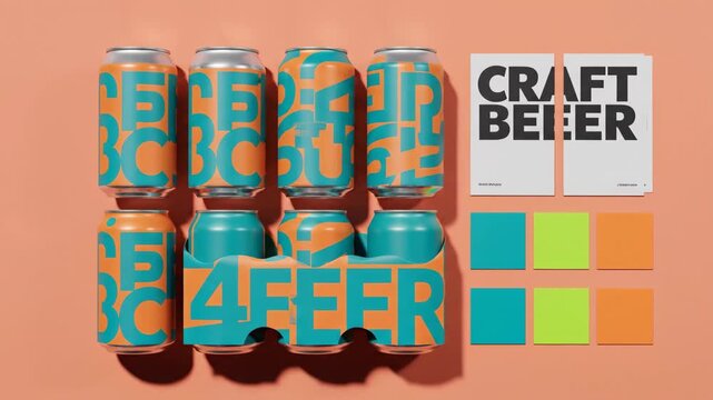 Modern Beverage Brand System Layout \'96 bold graphic craft beer packaging presentation, seamless matte pastel background with precisely aligned cans, secondary packaging, typography samples, and