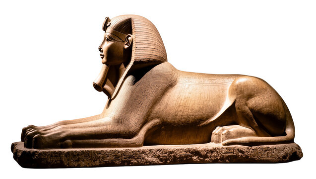 Isolated detailed ancient Egyptian sphinx statue with a pharaoh head and a powerful lion body.
