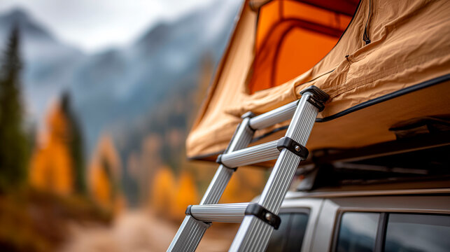 Car rooftop tent ladder close up overland camping adventure travel concept