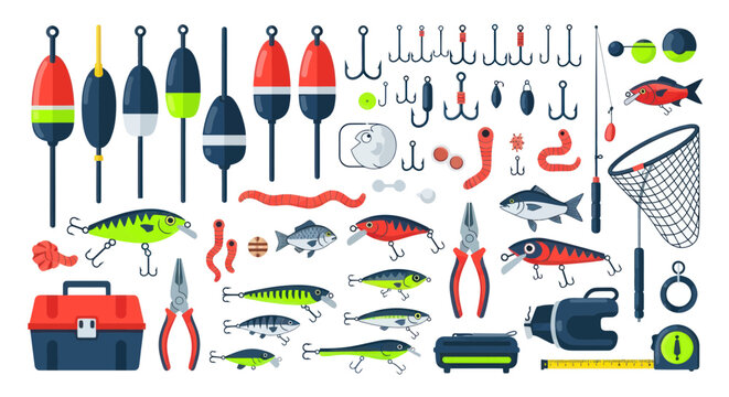 Fishing Gear Assortment: Lures, Floats, Tools, Net, and Tackle Box