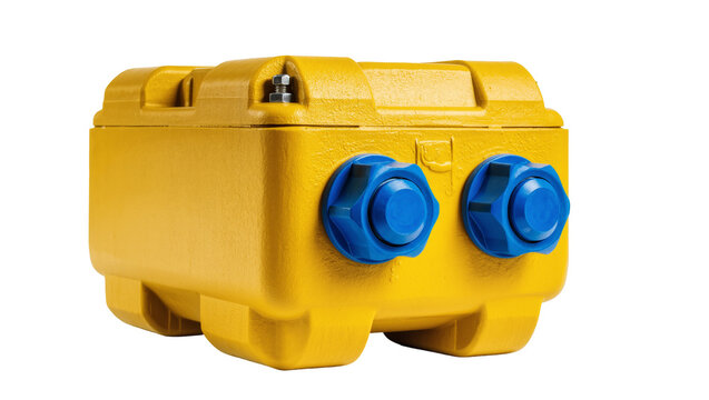 Isolated bright yellow industrial casing with two blue connectors and durable rugged design.