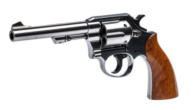 Isolated polished chrome revolver with classic wood grip, loaded cylinder, and long barrel