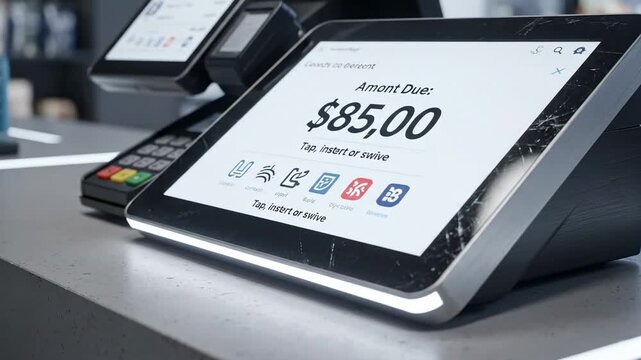 Video of Retail POS Screen Animation featuring changing price numbers and checkout interface for e-commerce integration visuals, payment solutions advertising, and startup pitch decks.