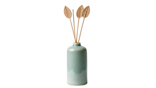 Isolated minimalist home decor reed diffuser with decorative leaf-shaped wooden sticks