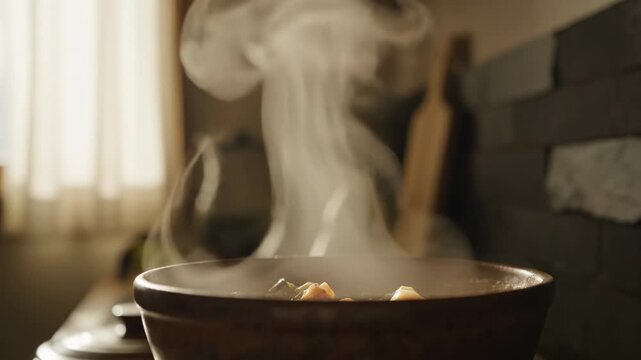 Video of Warm Cooking Vapor in softly lit kitchen setting, ideal for recipe videos, comfort food promotions, and seasonal lifestyle visuals.