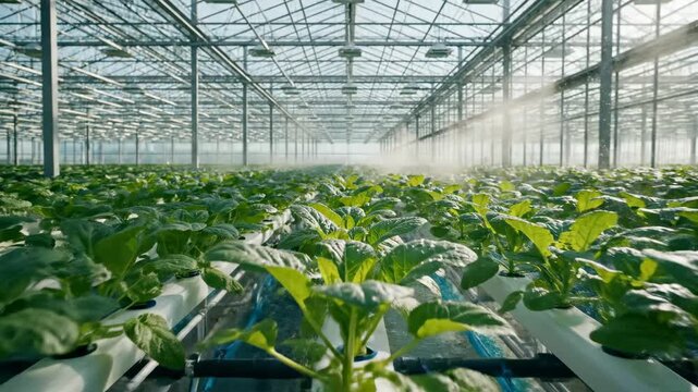 This video presents Modern Glasshouse Farming &ndash; Symmetrical crop rows in bright daylight, emphasizing food security, agritech development and environmentally conscious production themes for commercial