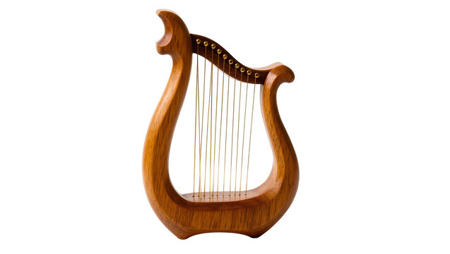 Isolated ancient wooden lyre with strings, classic Greek musical instrument, folk music art