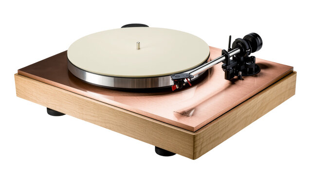 Isolated modern vinyl record player, sleek wood and copper design, classic audiophile equipment
