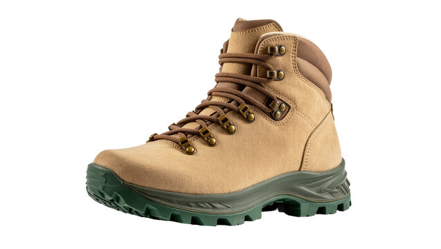 Isolated durable tan hiking boot with green sole and brown laces for rugged outdoor activities.