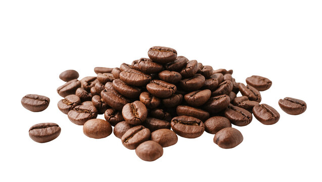 Isolated roasted coffee beans pile and scattered single beans for a delicious morning drink