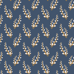 Seamless botanical pattern with golden-brown pussy willow branches and white buds on dark blue background, elegant nature-inspired design for textiles, wallpapers, and decorative prints © Lipitorika