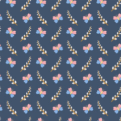 Seamless pattern with stylized butterflies and pussy willow branches on dark blue background, elegant nature-inspired design for textiles, wallpapers, and decorative prints © Lipitorika