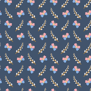 Seamless pattern with stylized butterflies and pussy willow branches on dark blue background, elegant nature-inspired design for textiles, wallpapers, and decorative prints